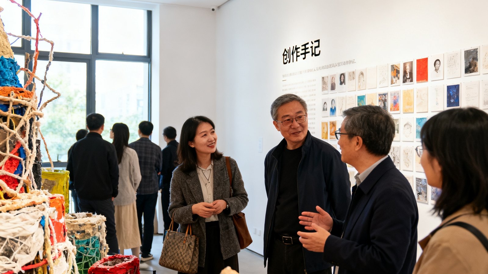 广东会贵宾厅资助的青年艺术家驻地创作成果展览现场照片，明亮的展厅内展示了装置艺术和综合材料作品，观众在作品前驻足交流，墙面上有艺术家本人的创作手记展示。
